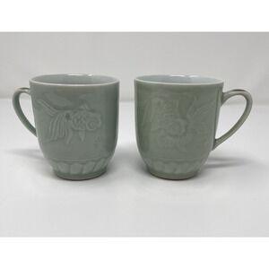 Celadon Mug Set Of 2 Vintage Chinese Goldfish Koi Fish Design